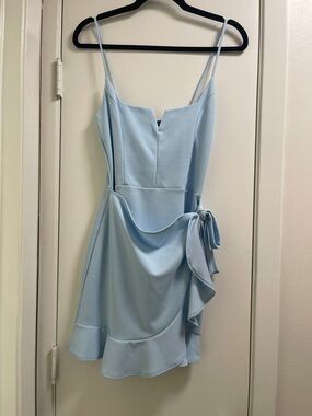 Blue Blush Pale Blue Spaghetti Strap Ruffle Wrap Mini Dress